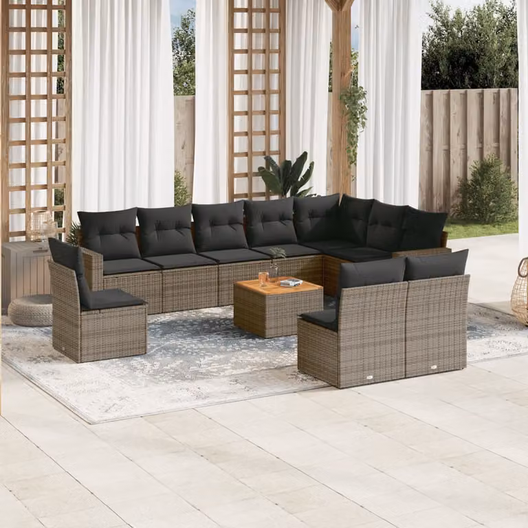 vidaXL Set Divani da Giardino 11 pz a Forma a U in Polyrattan con Cuscini e Tavolino da Caffè Grigio e Marrone