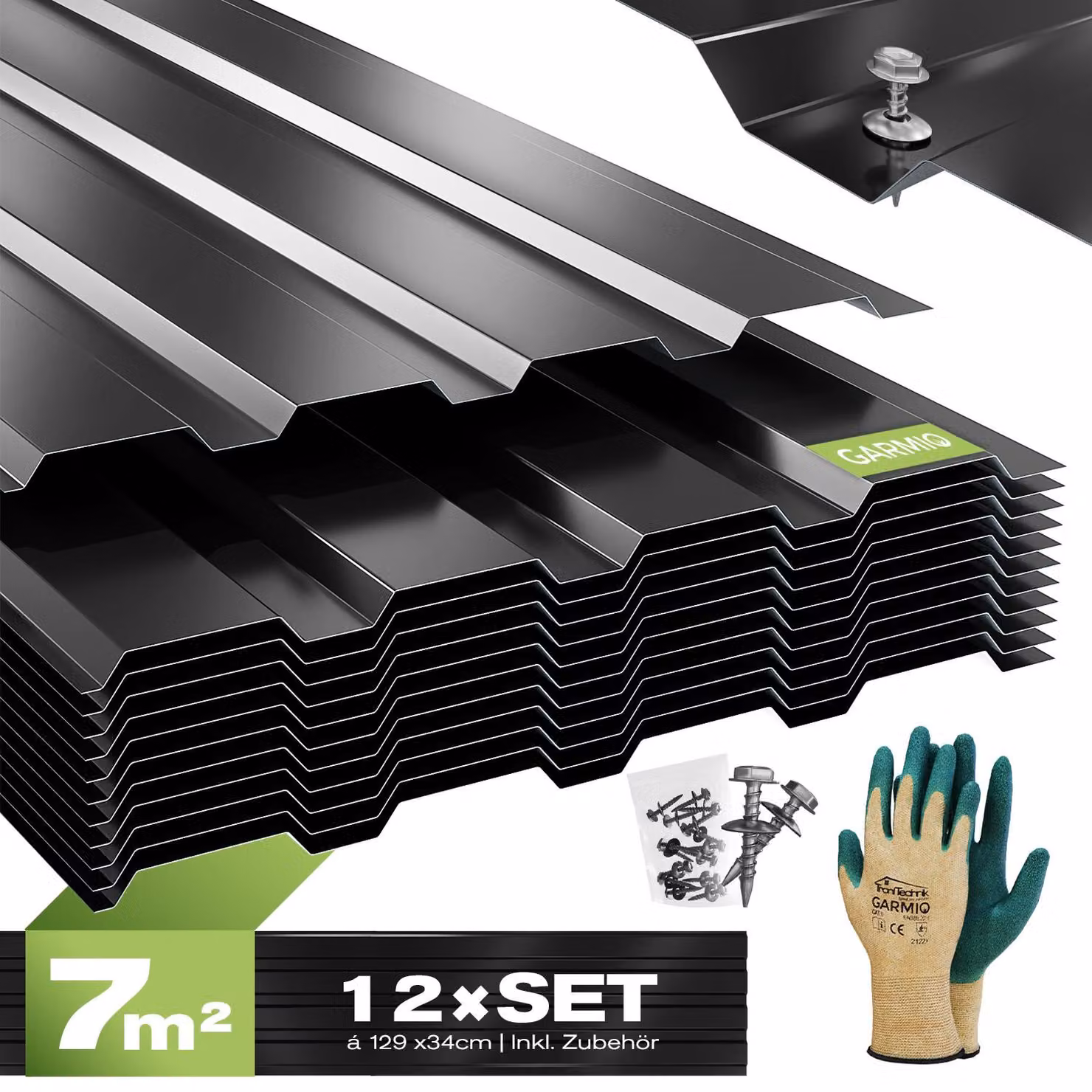 GARMIO® Lamiera profilata Trapezoidale Amalfi 129 Set da 12 pezzi Lamiera per tetto 129x45 cm, acciaio zincato nero