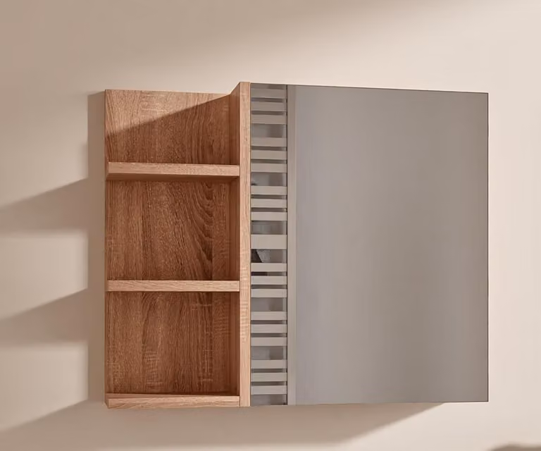 Armadietto Bagno Rovere Sonoma con Specchio e Ripiani 60x50 cm Pensile Bagno 1 Anta Apertura Senza Maniglia Ripiani a Sinistra
