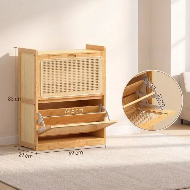 Scarpiera REDOM in bambù naturale color beige con 2 ante ribaltabili, L: 69 cm, P: 29 cm, H: 83 cm – 1