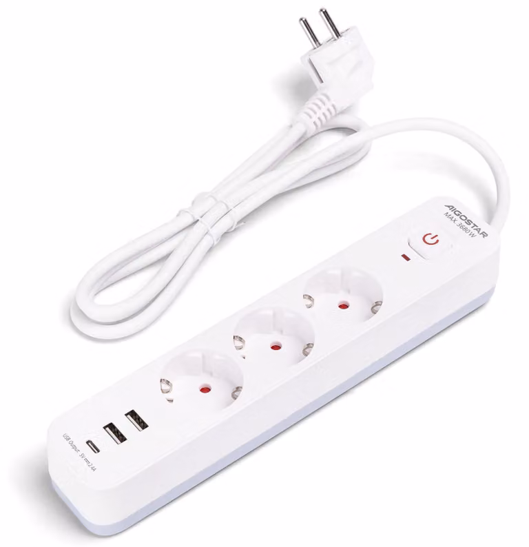 Ciabatta multipresa a 3 vie, lunghezza 1,5 metri, cavo 3G1,0 mm², con connettori bianchi e grigi, ideale per