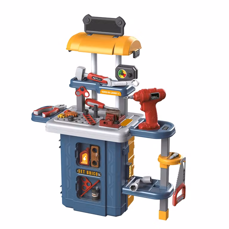 TU GIOCHI Trolley Set Brico 3 in 1 Banco da Lavoro Giocattolo Multicolore con 46 Pezzi