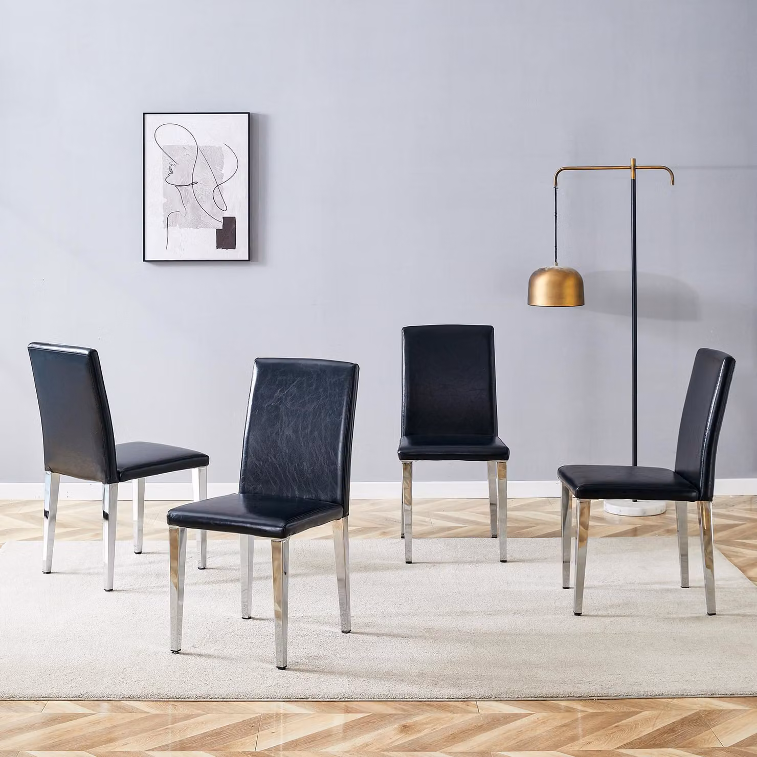 Set di 4 sedie da pranzo, design minimalista, rivestite in ecopelle, gambe in metallo, stile moderno e leggero, lusso discreto (nero e argento)