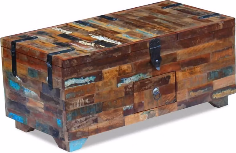 Tavolino da Caffè Baule Legno Massello di Recupero 80x40x35 cm