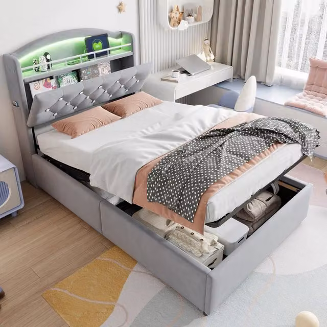 Letto imbottito per bambini 90x200 cm in velluto grigio con contenitore; LED e USB