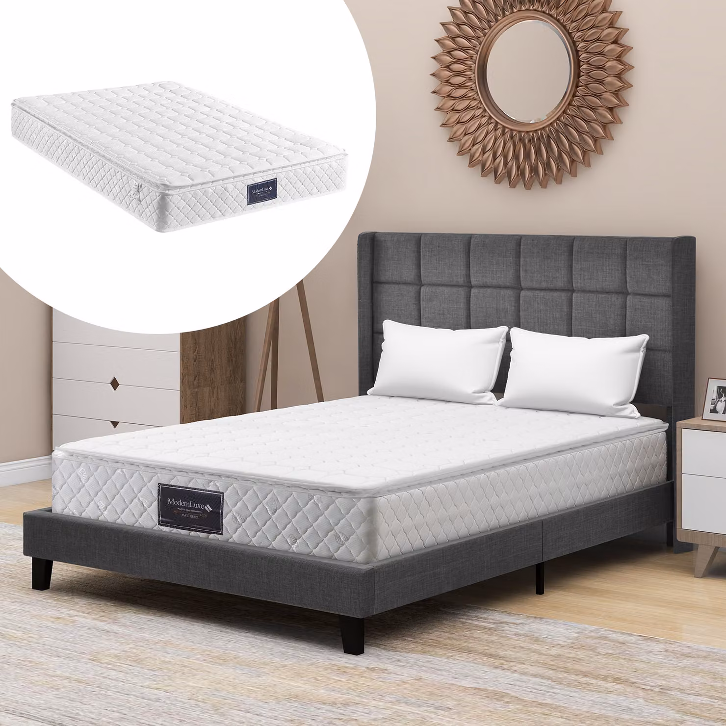 Letto imbottito Flieks con materasso 140x200cm, letto matrimoniale con rete a doghe e testata, biancheria da letto in legno per giovani adulti
