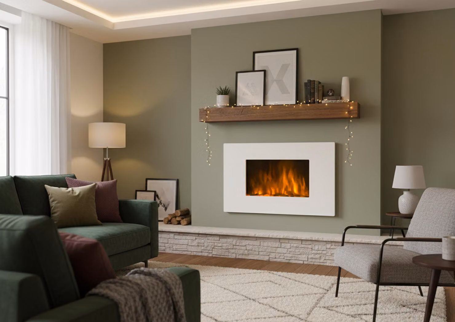CHEMIN'ARTE - Caminetto elettrico da parete White Loft 90 cm con effetto fiamme LED, riscaldamento programmabile, telecomando