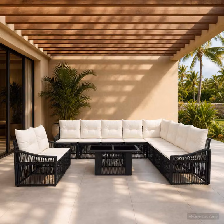 Set Divano da Giardino vidaXL 11 pz L-Shape Nero e Bianco con Cuscini e Tavolino da Caffè in Polyrattan e Metallo
