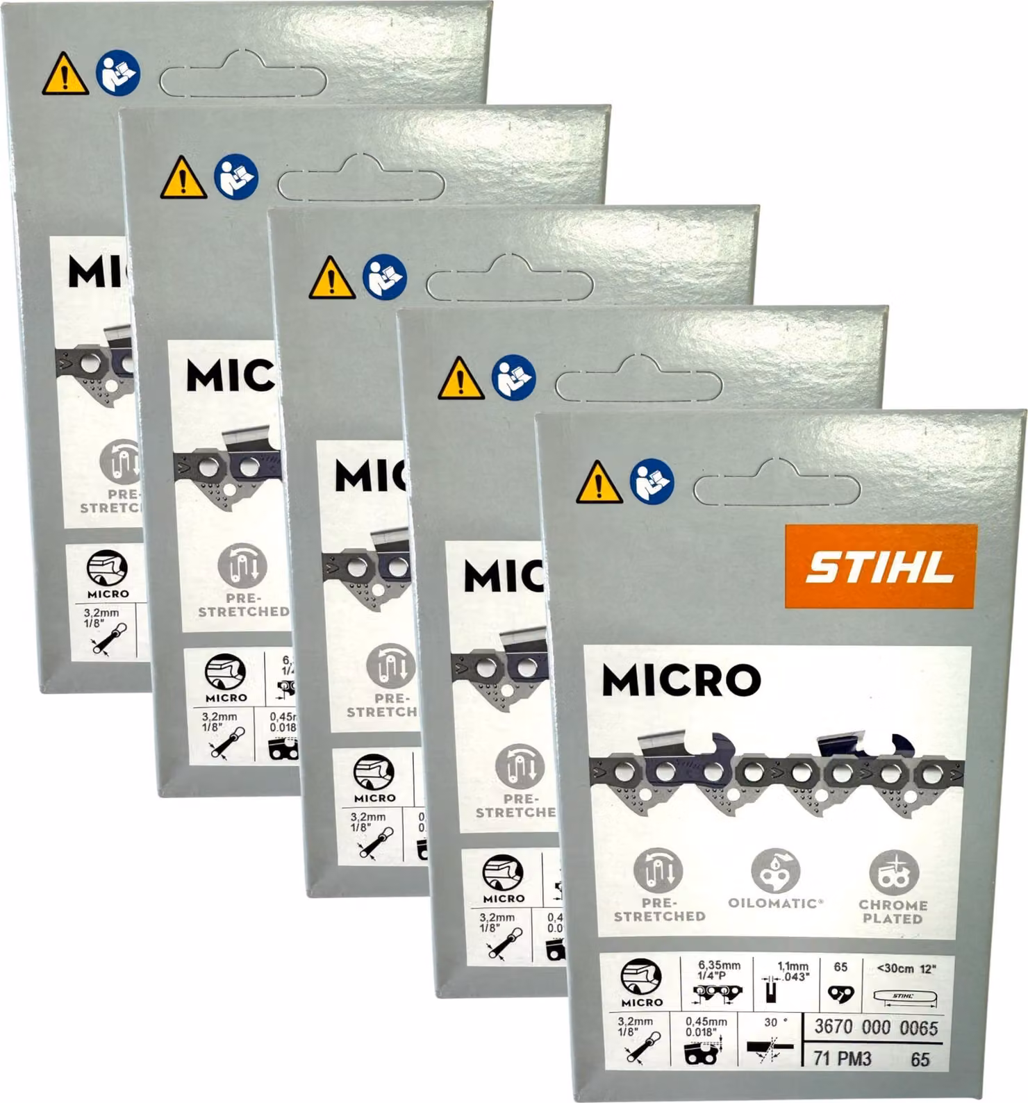 Stihl 5x catena per motosega 1/4" Picco Micro 3 (PM3) da 30 cm, 1/4" P 1,1 mm, 65 TG, 5 pezzi (5x 36700000065)