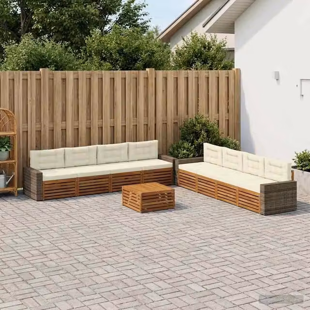 Set di divani da esterno a forma di U con tavolino da caffè vidaXL, 9 pezzi in legno di acacia e tessuto beige e bianco resistente ai raggi UV – 1