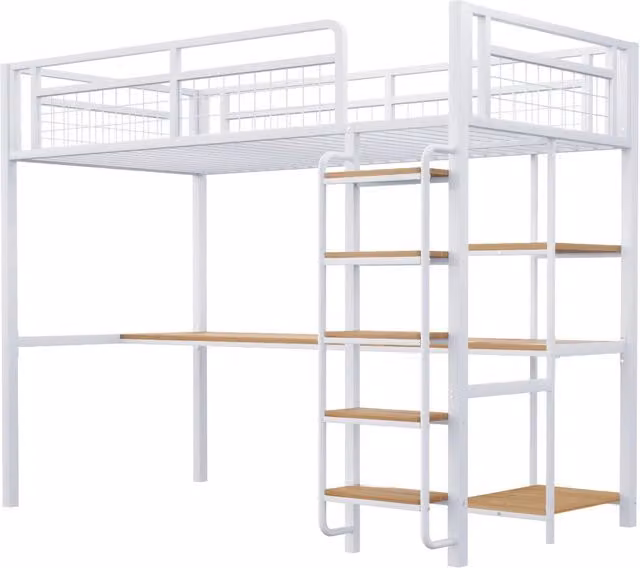 Letto a soppalco singolo Chicfurn bianco con scala, tavolo e ripiani, L/P/H: 203.5 x 90 x 183.7 cm – 1