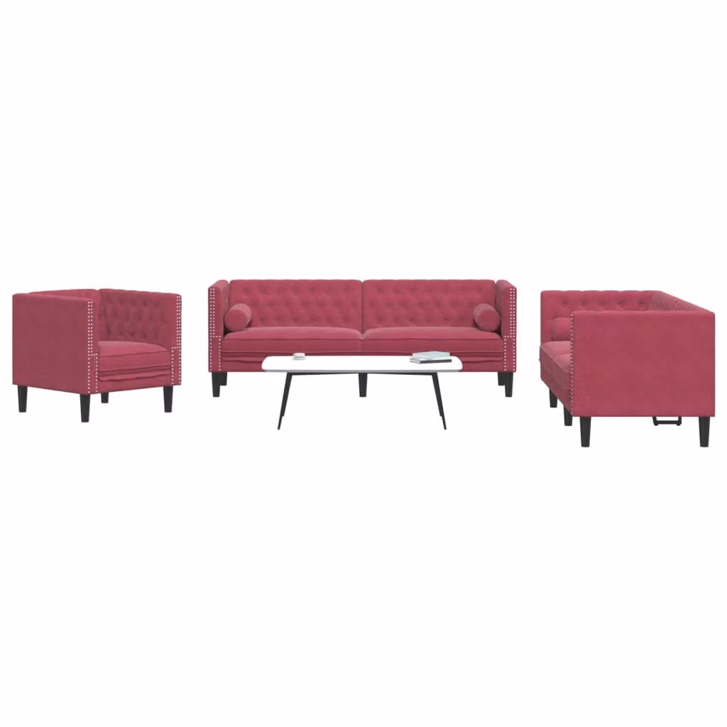 Maison Exclusive - Set divano Chesterfield a 3 posti con cuscini per il collo, in velluto bordeaux
