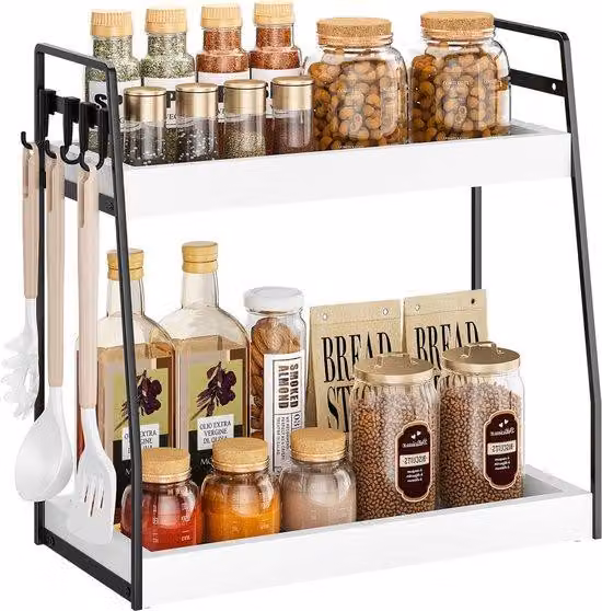 Ibenzoa® - Portaoggetti a 2 livelli in legno e metallo, con 4 ganci rimovibili, resistente all'acqua, con altezza regolabile da 21 a 26 cm, ideale per cucina, bagno e scrivania
