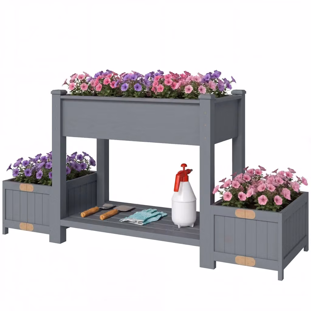 Fioriera Rialzata Minimal con Vasi e Ripiano in Legno di Abete Grigio L: 149 cm, P: 46 cm, H: 76 cm – 2