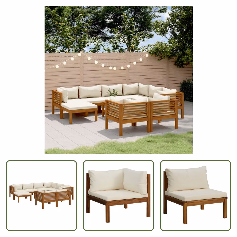 The Living Store Set da giardino da 10 pezzi con cuscini color crema in legno massiccio di acacia