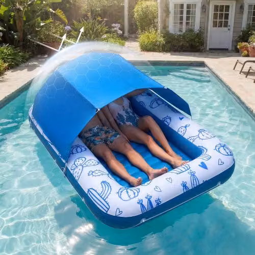 VEVOR Sdraio Galleggiante Gonfiabile con Parasole UPF 50+ Blu, Materassino per Piscina e Spiaggia in PVC, L/P: 209 x 140 cm