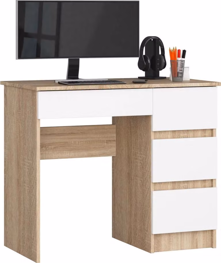 Scrivania con cassetti FENRIC - rovere sonoma / bianco, versione a destra