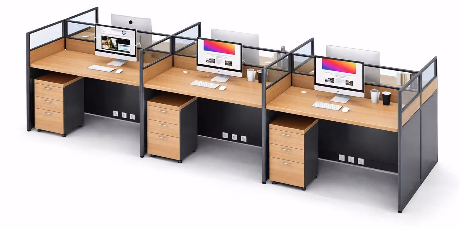 Scrivania moderna per ufficio, postazione da lavoro per 3 persone, con divisori e contenitori su ruote
