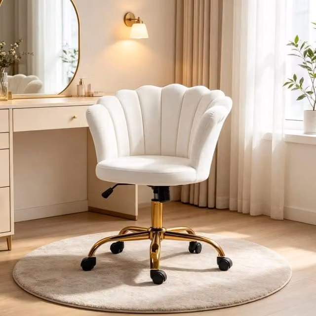 Sedia da ufficio in velluto 69 x 64 x 80-90 cm bianca con schienale a fiore e altezza regolabile
