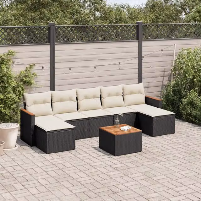 Set di Divani da Giardino vidaXL a Forma di U con 8 Pezzi, Colore Nero e Bianco, in Polyrattan con Cuscini e Tavolino da Esterno