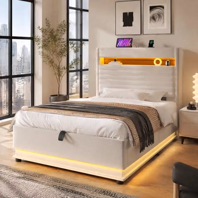 Letto imbottito MODFU con contenitore idraulico, luci LED, porte USB/Type-C e mensola integrata, beige, L/P: 90 x 200 cm