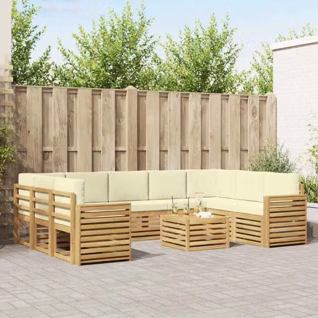 Set di divani da esterno a L vidaXL in legno di acacia con cuscini Bianco e Beige – 1