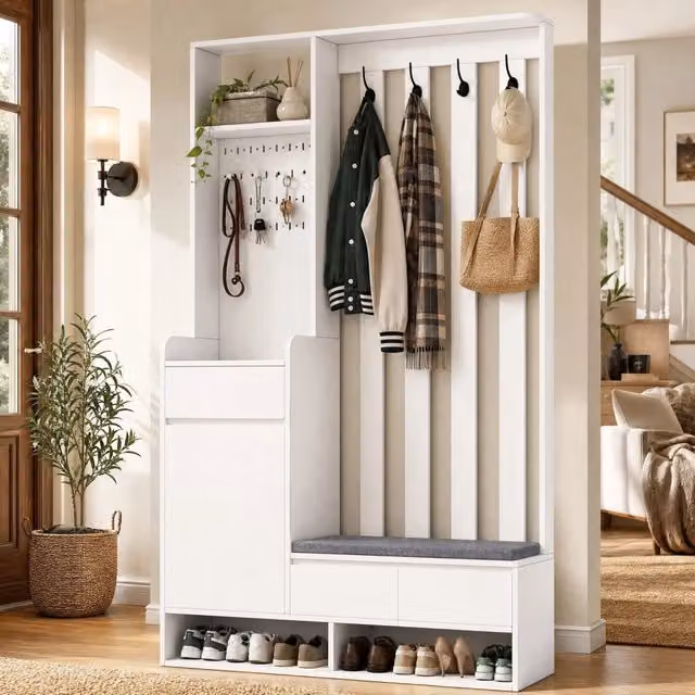 Guardaroba da ingresso ULEVR 100x35x180 cm con panca imbottita, pannello forato, 4 ganci e cassetto, bianco