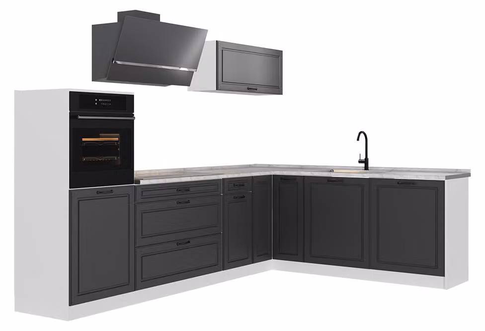 Cucina angolare completa Vicco R-Line Antracite country/Bianco 287 x cm piano di lavoro Marmo, Model 68212