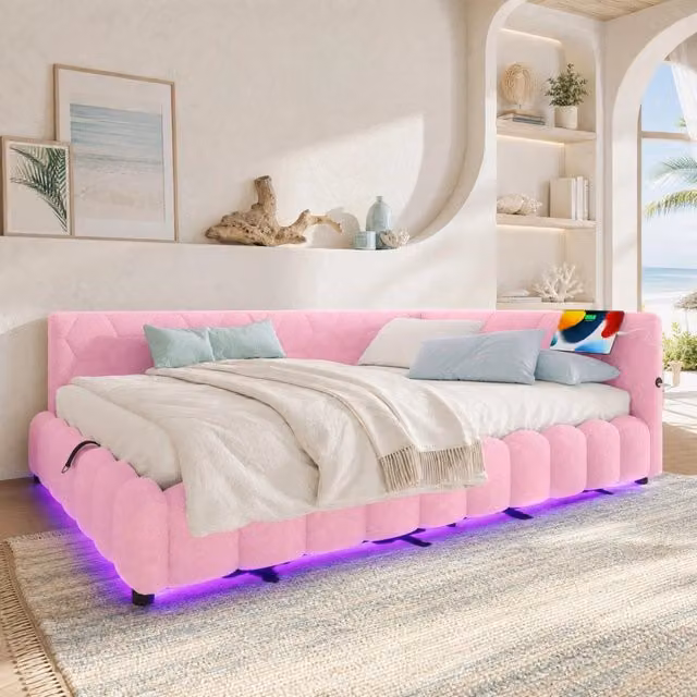 Letto daybed MODFU rosa con contenitore a sollevamento, illuminazione LED e porte di ricarica USB e Type-C, L/P: 140 x 200 cm