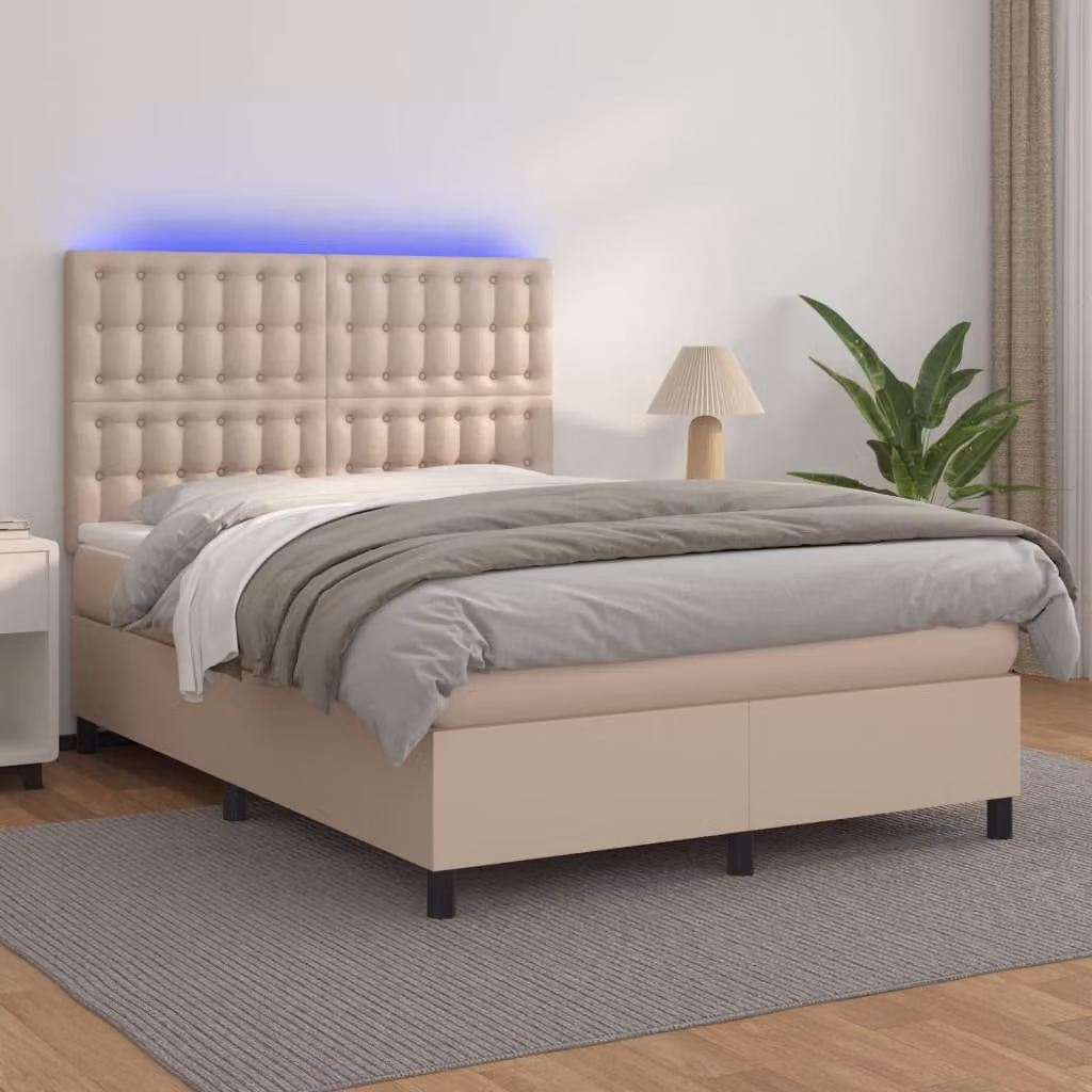 Letto con giroletto a molle, materasso ibrido e illuminazione LED vidaXL, color cappuccino, L 140 x P 200 cm – 1