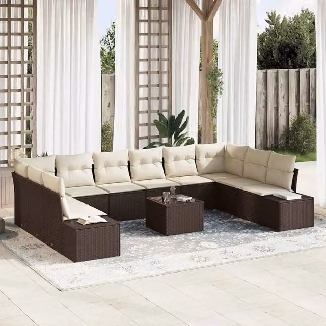 Set Divano da Giardino Moderno vidaXL in Polyrattan Marrone con Cuscini Beige e Tavolino da Caffè
