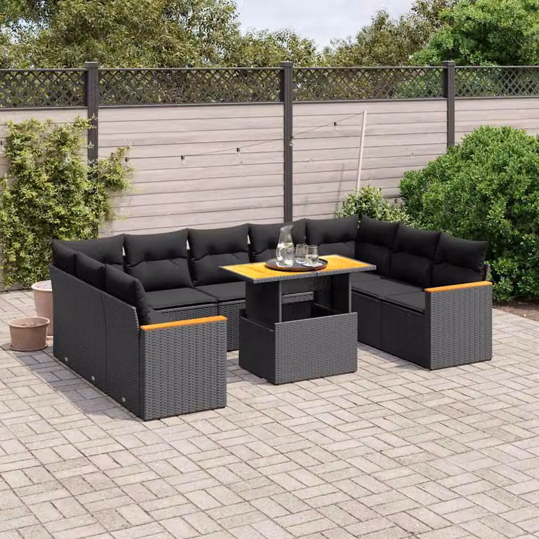 vidaXL Set Divani da Giardino 10pz in Polyrattan Nero con Cuscini e Tavolino da Esterno