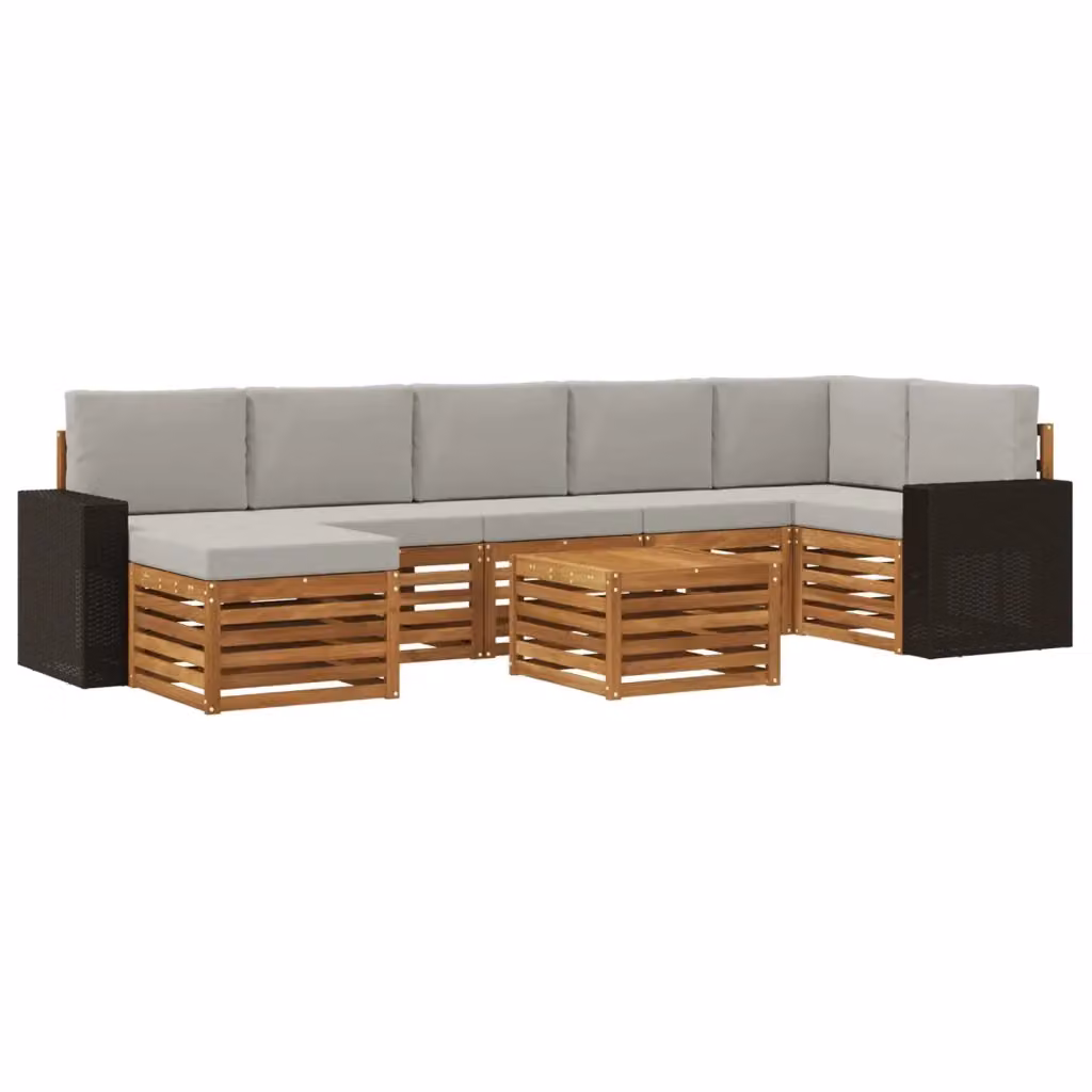 Set di divani da esterno a L con tavolo e pouf vidaXL in legno di acacia, beige e grigio – 2