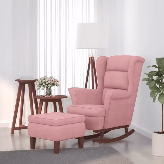 Sedia a dondolo con schienale alto in velluto rosso e struttura in legno con pouf incluso vidaXL