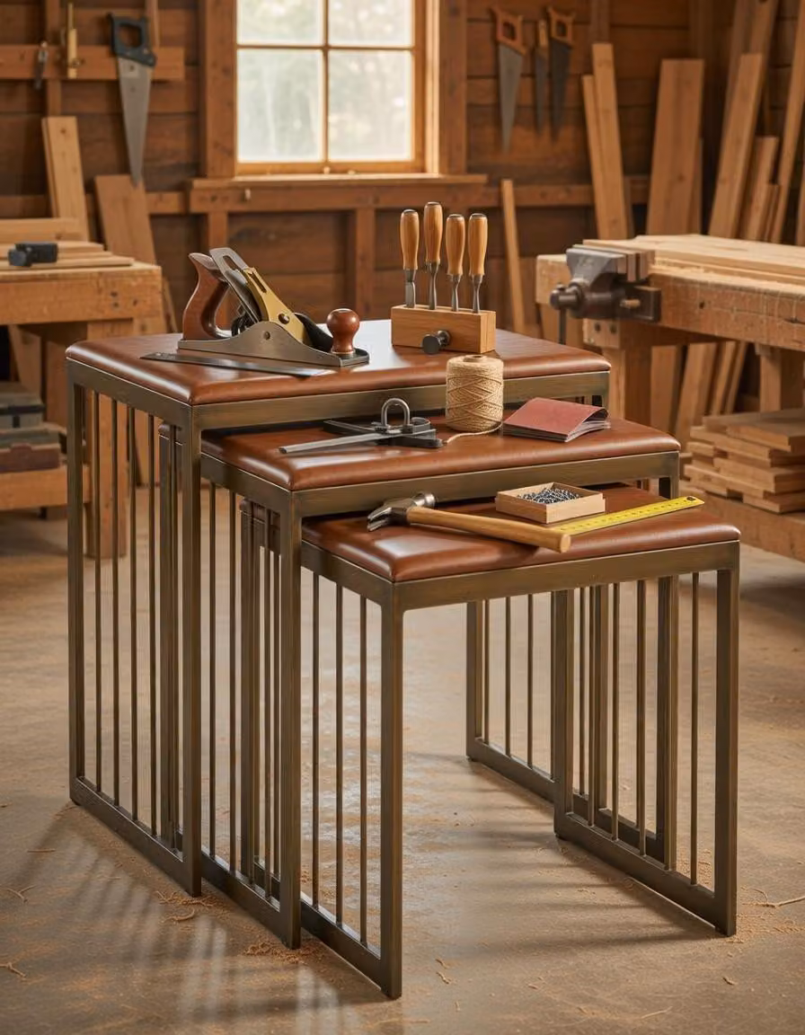 Tavolino da caffè nero con struttura in metallo, set di tavolini nidificanti, design moderno