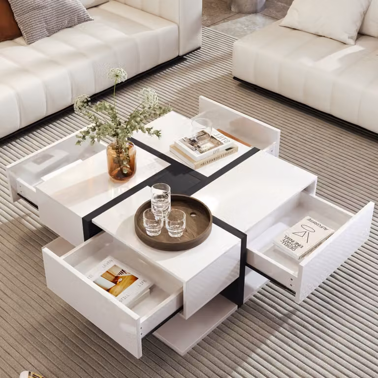 Abrihome Tavolino quadrato lucido con 4 cassetti, tavolino da salotto, bianco