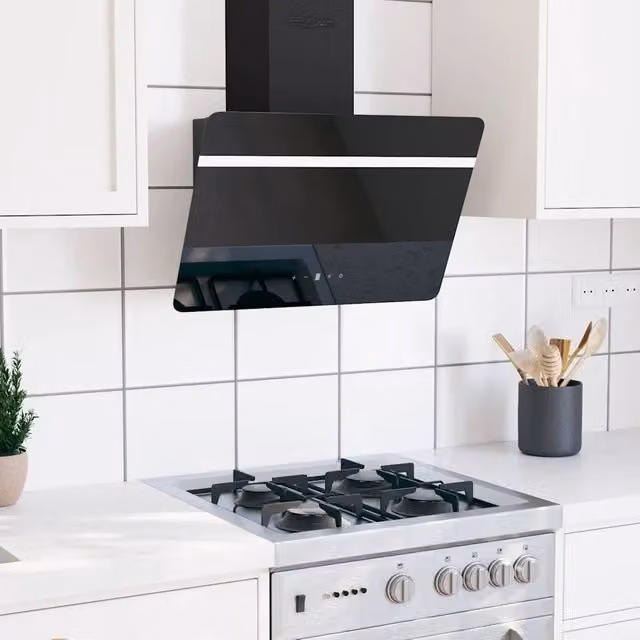 Cappa a parete vidaXL in acciaio, vetro e alluminio nero con display LED e sistema a carboni attivi, L: 60 cm – 1