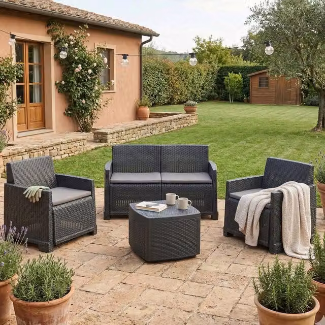 Salottino Outdoor Amer, set Salotto da Esterno 4 Posti Made in Italy, Nero Antracite