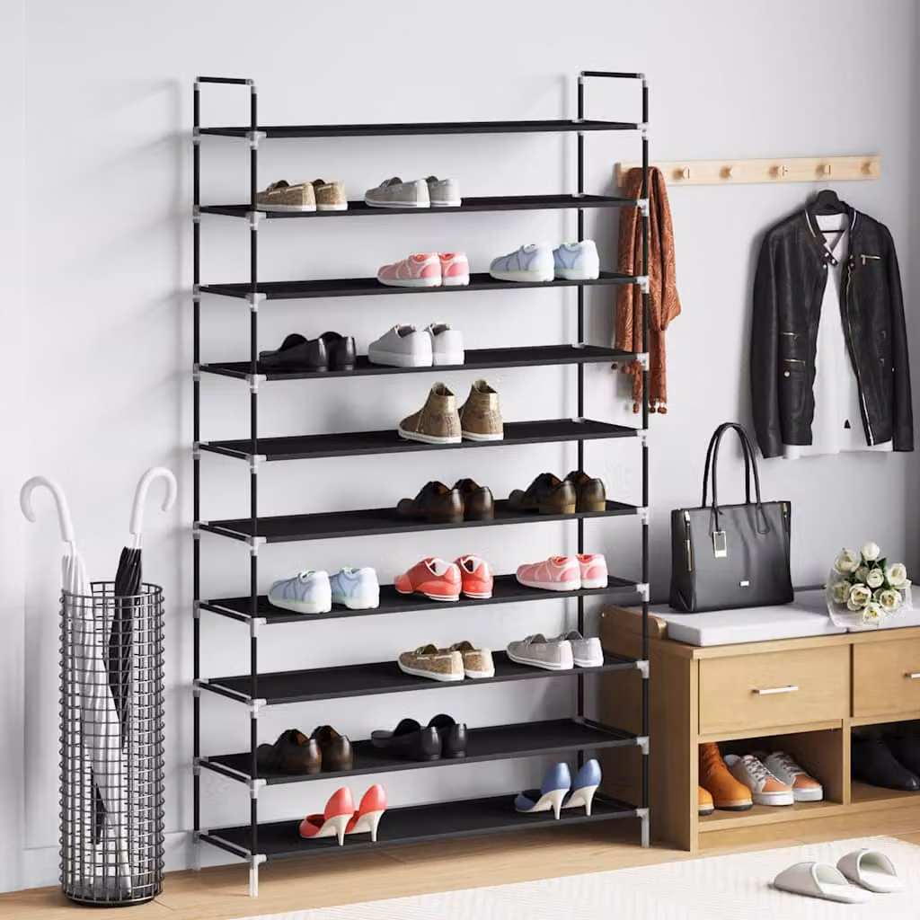 Scarpiera vidaXL con 10 ripiani in metallo e tessuto nero L: 29,5 cm, P: 29,5 cm, H: 170 cm