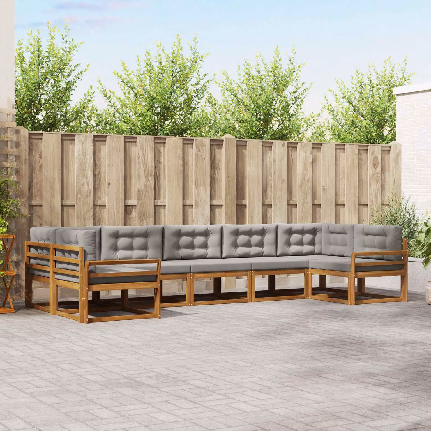 Set di divani da esterno vidaXL a forma di U composto da 7 pezzi in legno di acacia con cuscini inclusi, colore grigio e marrone