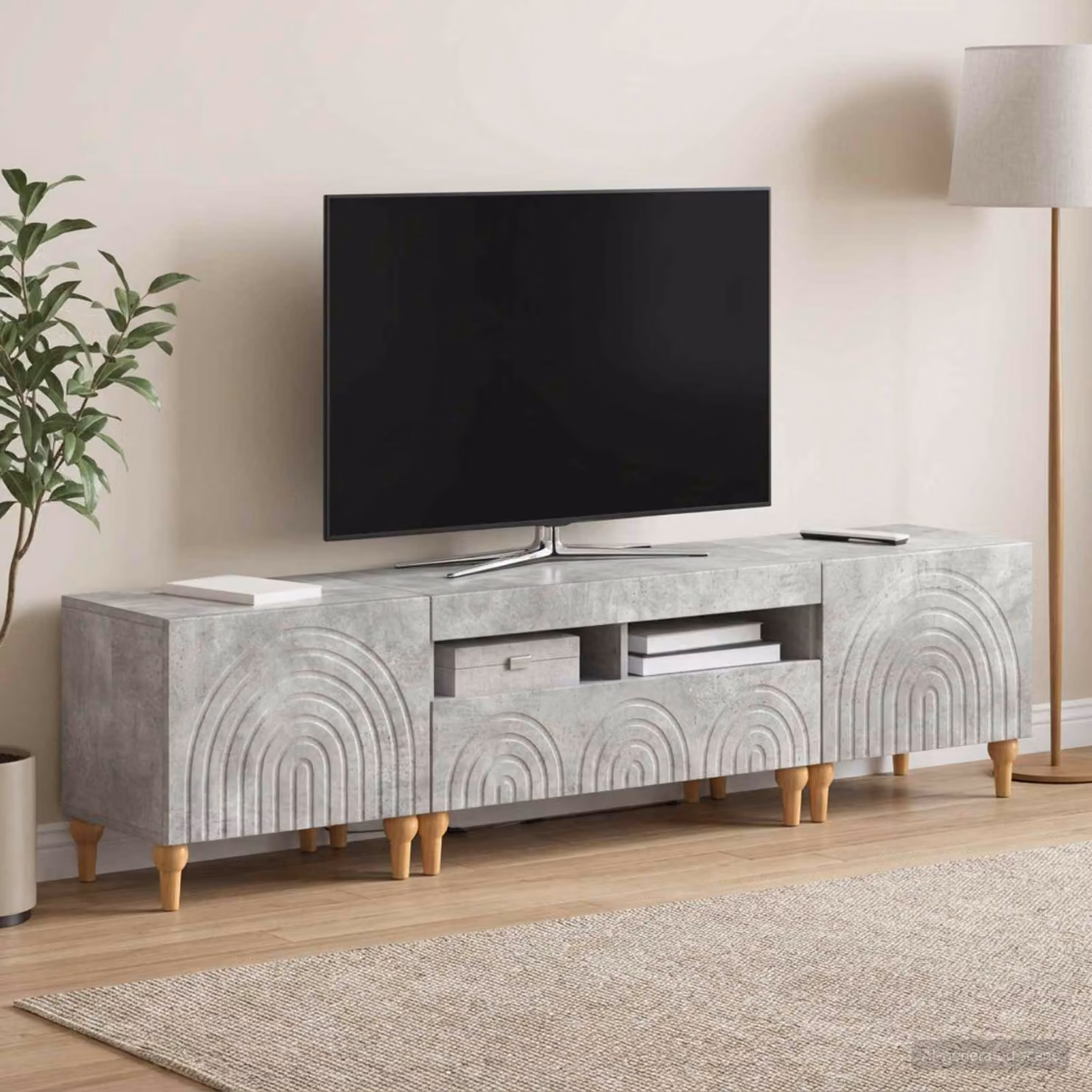 Mobile TV LED vidaXL in stile moderno con illuminazione integrata e compartimenti media, Grigio Cemento e Legno, L: 180 cm, P: 43 cm, H: 35 cm