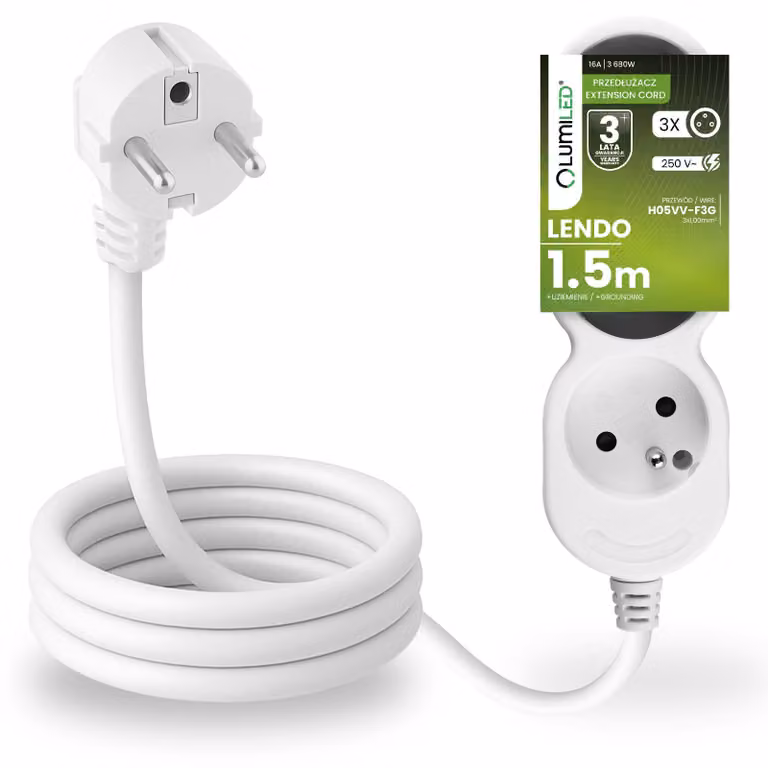 Presa multipla LUMILED Presa tripla tipo E, cavo da 1,5 m H05VV-F3G, bianco, presa multipla E 16A 3680W 250V IP20 Staffa per sospensione