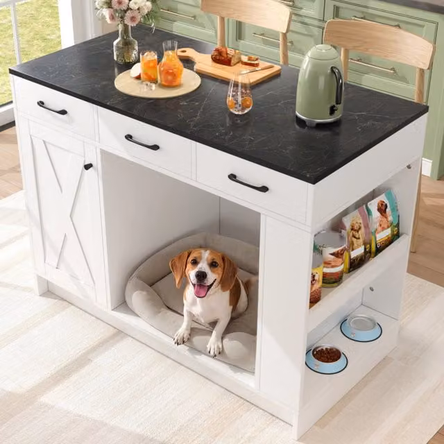 Isola cucina con 3 cassetti, scaffale regolabile e ampio spazio per animali domestici, 120x60x90 cm, bianco