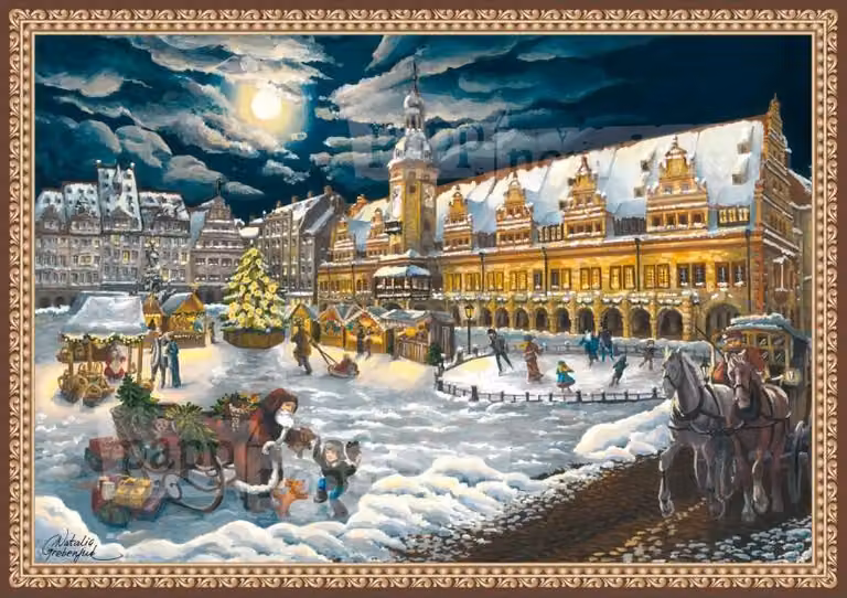 Mini calendario dell'Avvento: Lipsia, il vecchio municipio, la vivacità del mercato, acquerello