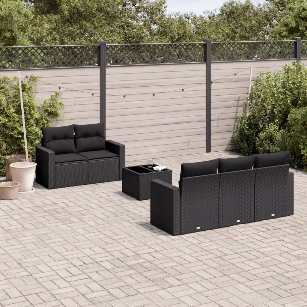 Set Divano da Giardino vidaXL 6 pz a L in Polyrattan Nero con Cuscini e Tavolino da Esterno – 1