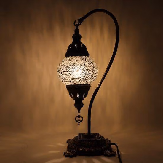 Lampada turca – Lampada a mosaico – Lampada da tavolo – Collo di cigno – Lampada marocchina – Lampada orientale – Modello ad arco – Ø 12 cm – Altezza 43 cm – Autentica – Fatta a mano – Colorata –