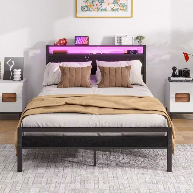 Letto Contenitore Minimal con Testiera LED, Porta USB-C e Ripiani Laterali in Metallo Nero L/P: 120 x 200 cm – 1