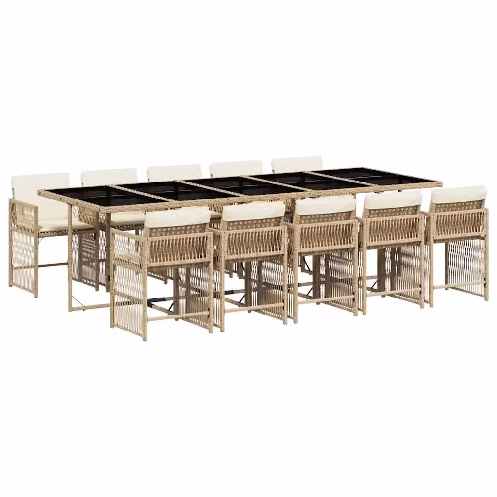 vidaXL Set da Pranzo da Giardino 11 pz in Polyrattan con Cuscini Beige e Bianco e Piano in Vetro – 2