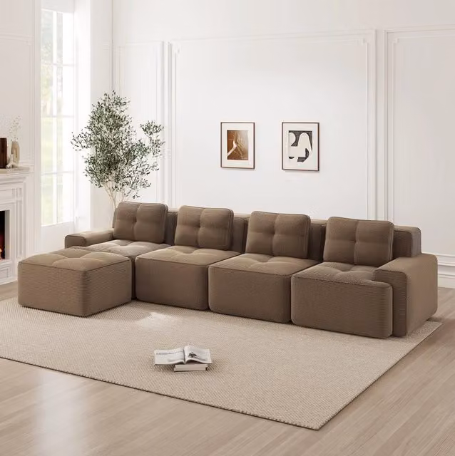 Divano modulare a L 382x177x69 cm in tessuto a coste marrone, 4 posti, per soggiorni ampi –