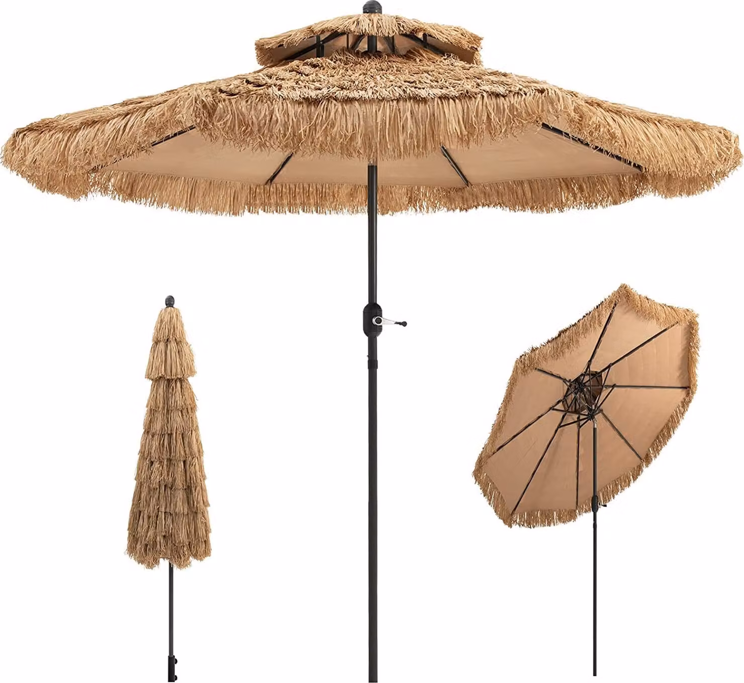 KOMFOTTEU Ombrellone Hawaii 2,7 m, ombrellone in paglia, ombrellone pieghevole in rafia, ombrellone da spiaggia con doppio tetto, ombrellone da terrazza, ombrellone da mercato per giardino, balcone, spiaggia